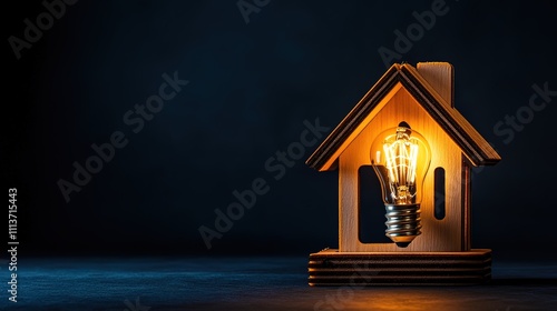 Glowing lightbulb inside a wooden house model on dark background.