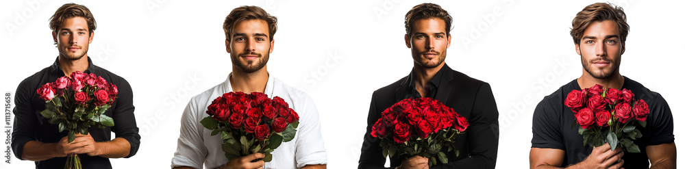 Handsome man holding bouquet of beautiful red roses elegant arrangement transparent background Handsome man holding bouquet of beautiful red roses elegant arrangement transparent background