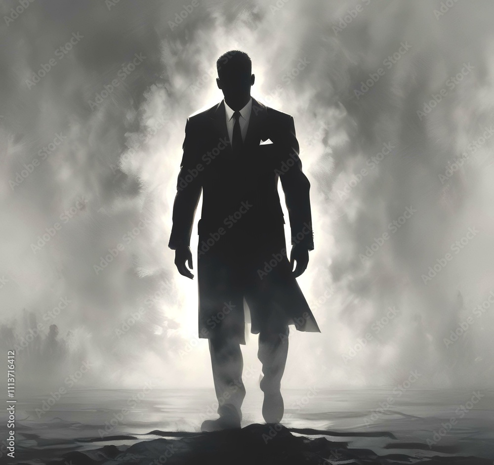 Illustration of man in suit silhouette with dramtaic background. Illustration of man in suit silhouette with dramtaic background.