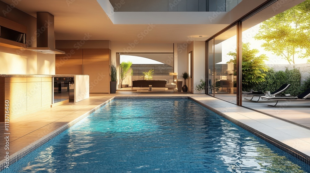 Indoor pool with modern kitchen & lounge view. Perfect for showcasing luxury real estate, resorts, or healthy living.