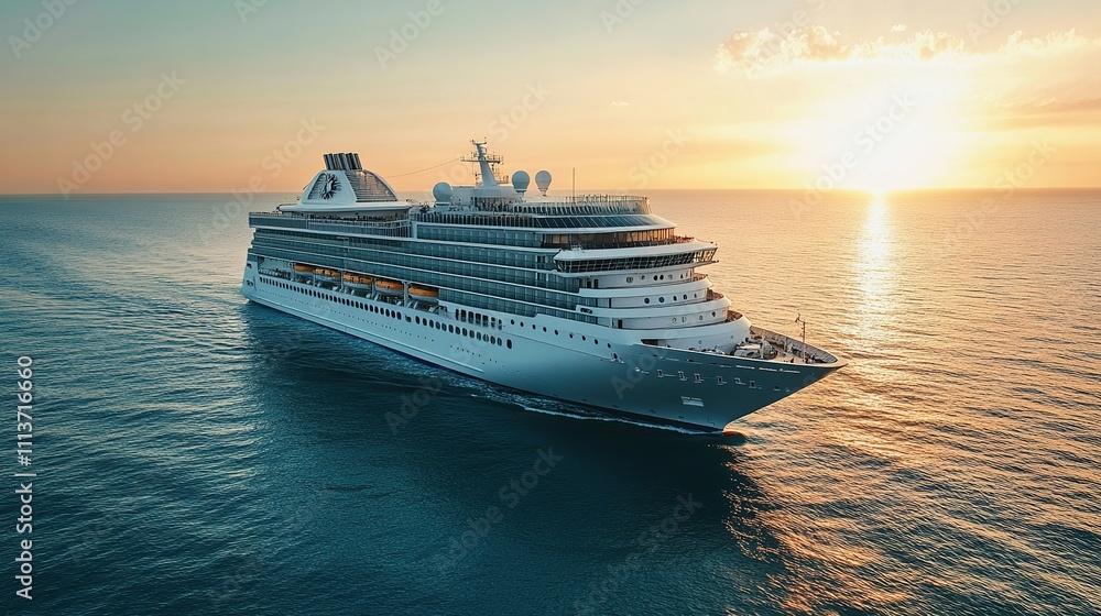 Luxury cruise ship sailing at sunset on calm ocean. Luxury cruise ship sailing at sunset on calm ocean.