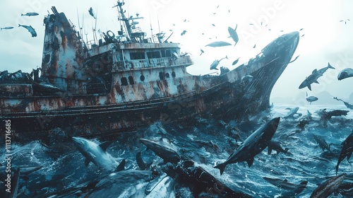 Sunken Ship Swarm: A digital artwork depicting a wrecked fishing vessel surrounded by a school of dolphins and sharks in a turbulent sea, evoking a sense of mystery and the power of nature. photo