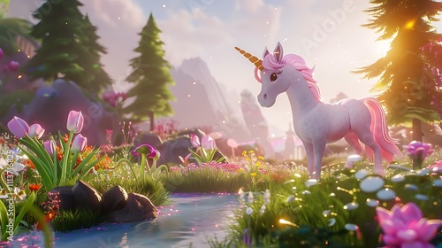 A whimsical unicorn character prancing in a magical setting photo