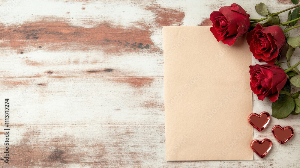 Romantic flat lay of handwritten letter and red roses on parchment cozy atmosphere aesthetic design Romantic flat lay of handwritten letter and red roses on parchment cozy atmosphere aesthetic design