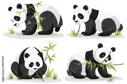 Cute Cartoon Pandas Eating Bamboo in a Playful Setting
 photo