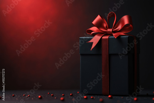 Black gift box with red ribbon on dark background with red glitter photo