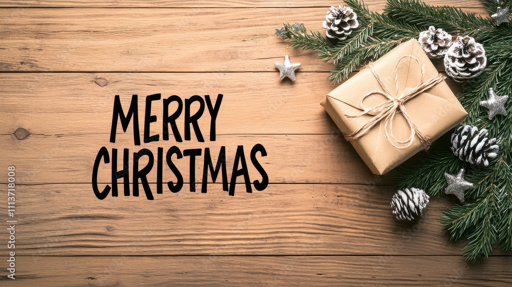 Rustic wooden background with Merry Christmas text gift box pine branches and frosted pinecones Rustic wooden background with Merry Christmas text gift box pine branches and frosted pinecones