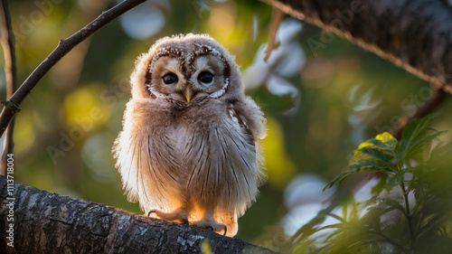 Adorable Owlet Perched on Tree Branch with Soft Feathers and Expressive Eyes photo