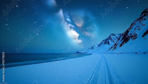 Beautiful winter landscape with starry sky and aurora borealis