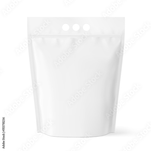 Realistic stand up pouch bag mockup with zip lock and finger handle, transparent shadow. Front view. Vector illustration isolated on white background. Ready for your design. EPS10.