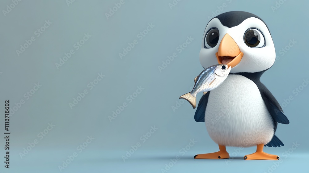 Obraz premium A cartoon penguin with large eyes holds a fish in its beak.