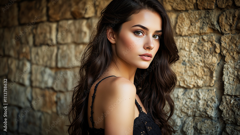 Fototapeta premium A young woman dressed in black in an old room, gothic atmosphere