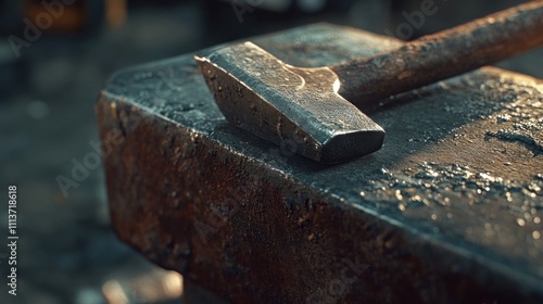 Rusty Hammer Resting on Weathered Anvil