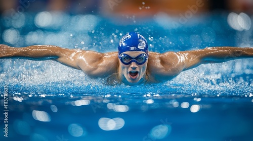 Swimmer in butterfly stroke, intense facial expression, water splashes.