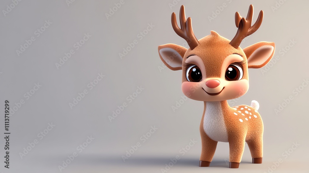 A cartoon reindeer with big eyes and antlers stands on a beige background. A cartoon reindeer with big eyes and antlers stands on a beige background.