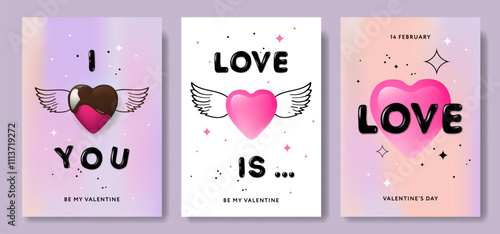 Creative concept of Happy Valentines Day cards or posters set. Abstract art templates with beautiful hearts with wings for celebration, decoration, branding, web banner, cover, vector illustration