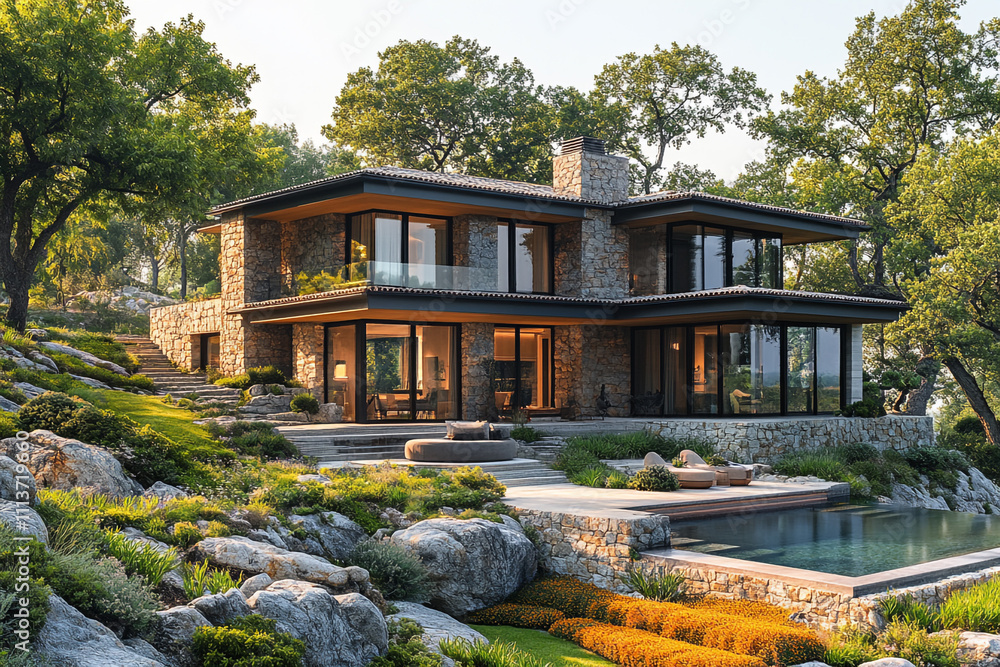 Modern Stone House nestled in a lush green hillside landscape Modern Stone House nestled in a lush green hillside landscape