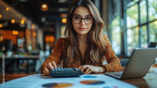 businesswoman using calculator to calculate financial data e document on digital tablet and working on laptop computer at office close u photo