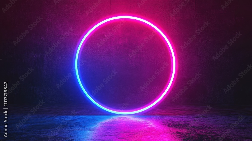 A vibrant neon circle in pink and blue hues illuminates a dark space, creating a captivating futuristic atmosphere. A vibrant neon circle in pink and blue hues illuminates a dark space, creating a captivating futuristic atmosphere.