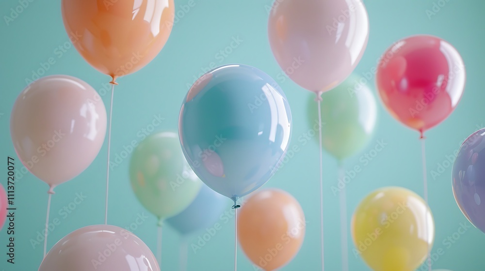 Colorful balloons floating in the air against a solid pastel background Colorful balloons floating in the air against a solid pastel background