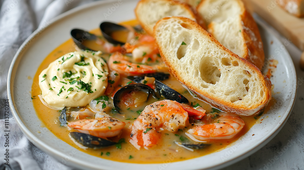 Bouillabaisse served with a side of crusty French bread and garlic aioli Bouillabaisse served with a side of crusty French bread and garlic aioli