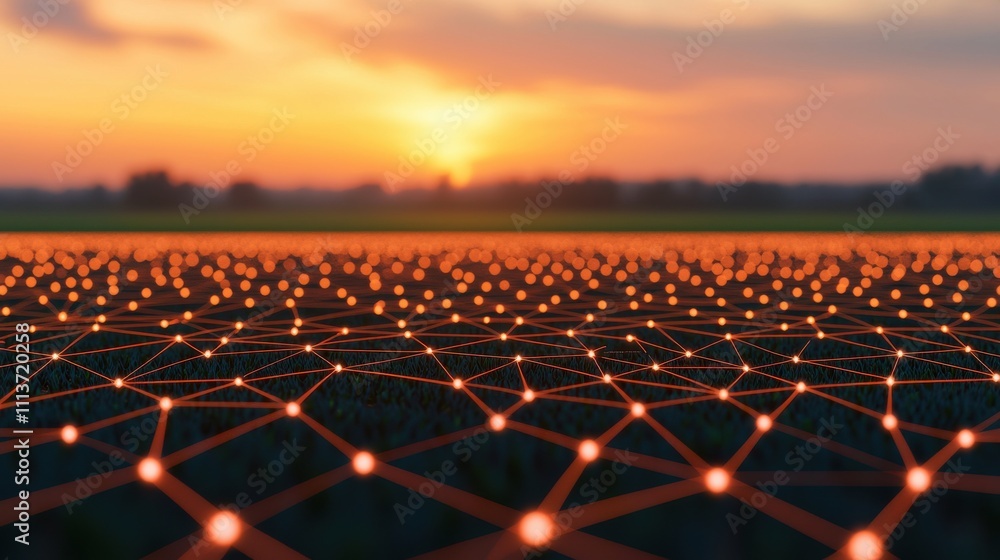 Fototapeta premium A digital landscape with glowing nodes connected by lines, set against a sunset sky, symbolizing technology and connectivity.