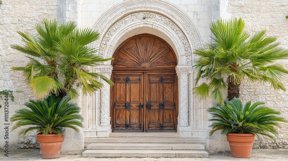 Fototapeta premium Ornate Wooden Doors with Tropical Foliage Framing the Entrance