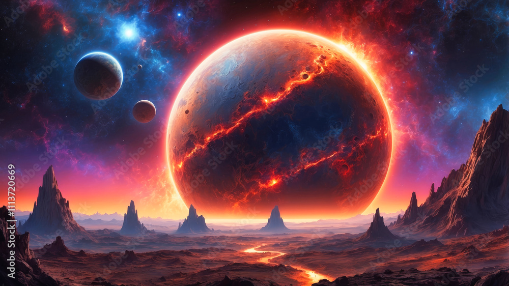 A dramatic and vivid space scene with detailed cracked surface planets and othe celestial bodies A dramatic and vivid space scene with detailed cracked surface planets and othe celestial bodies