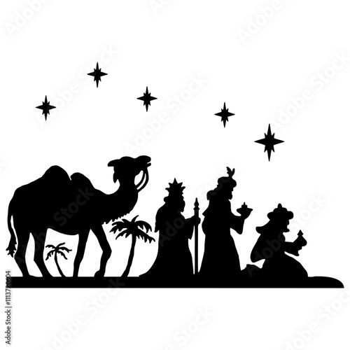Holy Night silhouette - Nativity scene of baby Jesus silhouette in a manger with Mary and Joseph with the three wise men. Christian Christmas silhouette of animals. Illustration for children.
