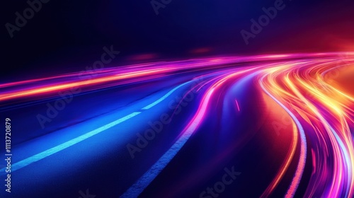 Vibrant light trails on a dark roadway create a dynamic, modern feel, blending blues and pinks in a stunning display.