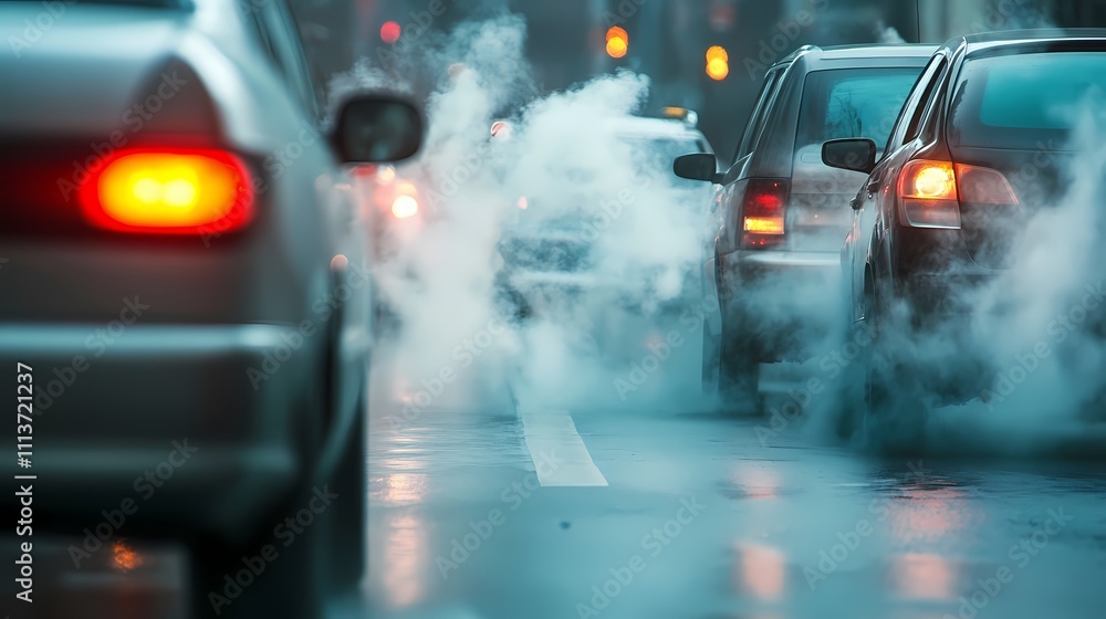 Urban Smog: Cars and Exhaust Fumes on a Wet City Street Urban Smog: Cars and Exhaust Fumes on a Wet City Street