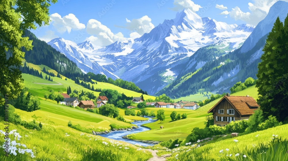 A serene landscape featuring lush green hills, a tranquil river, and majestic mountains in the background.