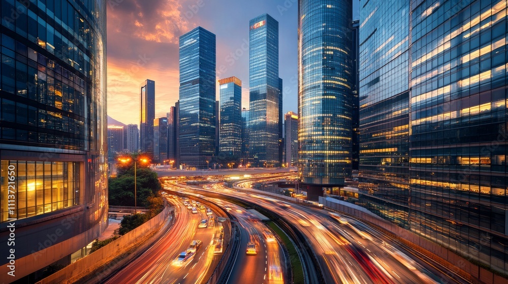 Fototapeta premium City skyline at dusk with lights reflecting off tall buildings. Generative AI