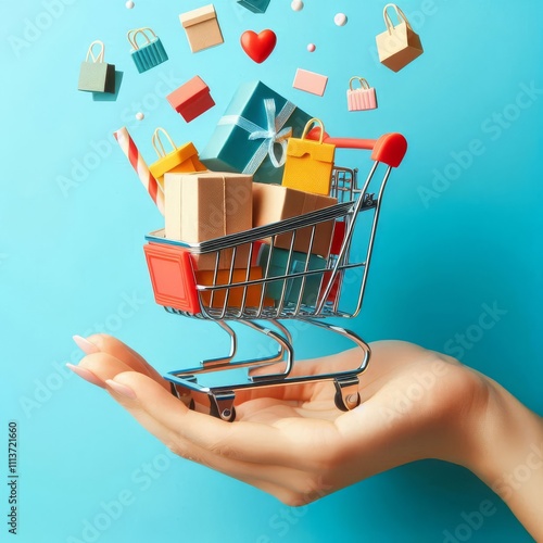 Toy shopping cart with boxes in female hand over blue background. Copy space for text or design. Ssale, discount, shopaholism concept. Consumer society trend  photo