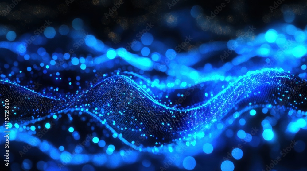 A mesmerizing wave of glowing blue particles, creating a serene and ethereal atmosphere. A mesmerizing wave of glowing blue particles, creating a serene and ethereal atmosphere.