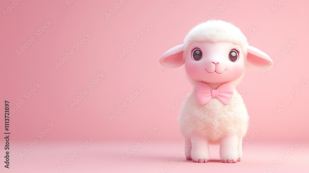 Cute cartoon lamb with a pink bow tie against a pink background.
