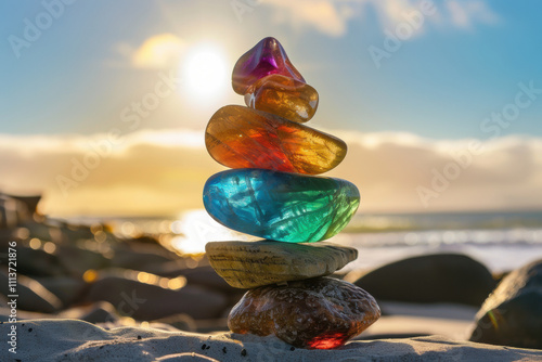 Colorful stone stack on sandy beach during sunset. Meditation, zen concept, nature relaxation, harmony, balance, wellness themes. Holistic health, mindfulness, mental health, retreat, travel concept photo