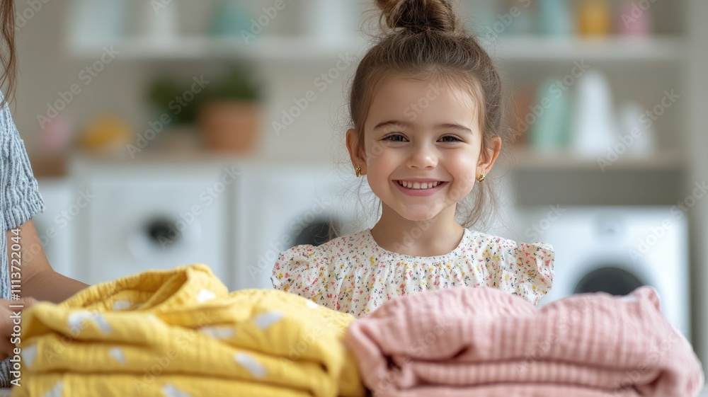 A smiling girl stands behind neatly folded clothes, showcasing a cheerful atmosphere in a bright, cozy setting.