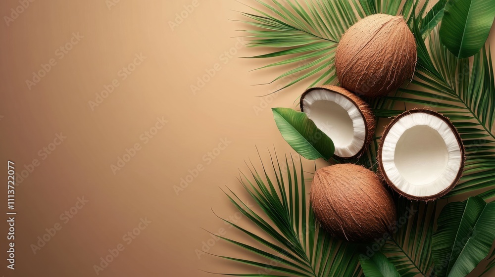 Fresh coconuts cut open, surrounded by lush green palm leaves on a warm, neutral background. Fresh coconuts cut open, surrounded by lush green palm leaves on a warm, neutral background.