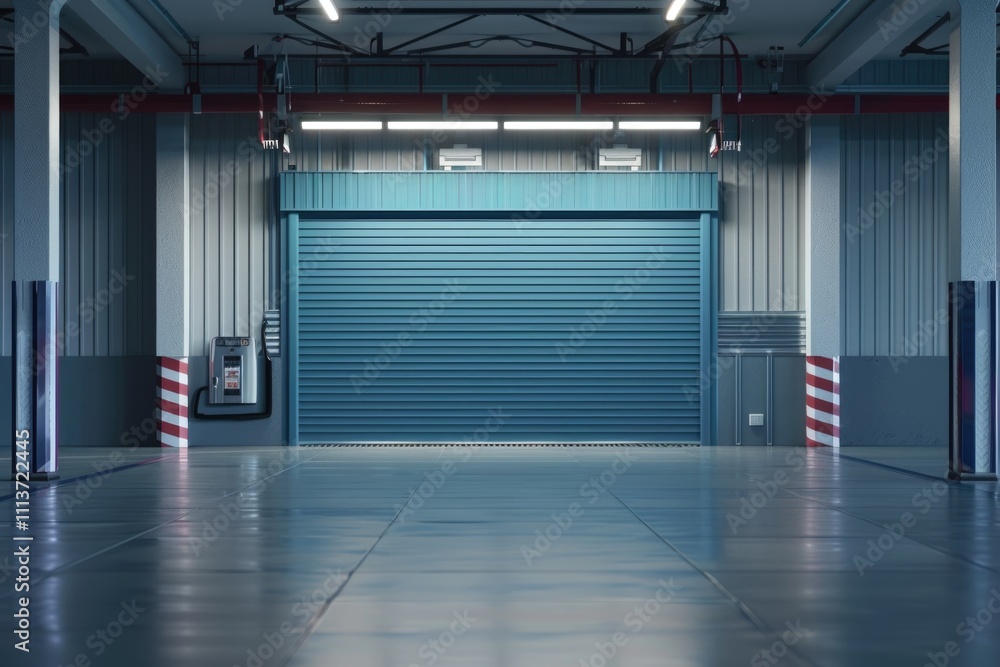 Roller shutter door with automatic motion sensor. Entrance to the office warehouse store. Roller shutter door with automatic motion sensor. Entrance to the office warehouse store.