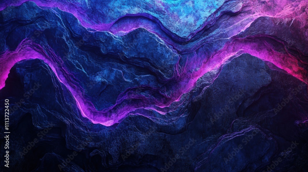 Obraz premium A mesmerizing abstract representation of rocky terrain illuminated by vibrant blue and purple lights.