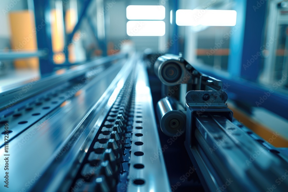 Roller shutter mechanism in an industrial workshop. Roller doors in production Roller shutter mechanism in an industrial workshop. Roller doors in production