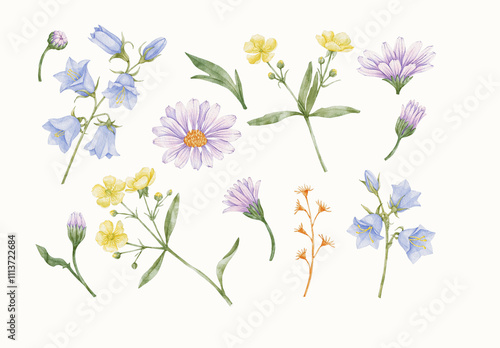 Watercolor Flower Design Set With Floral Elements.