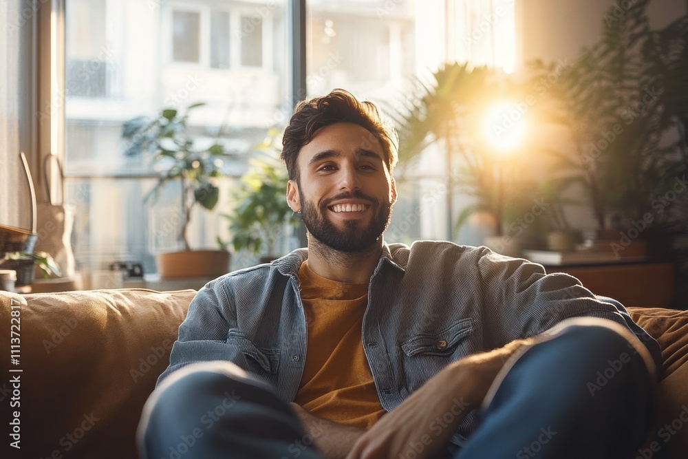 Happy Hispanic man recording video call at home smiling on sofa in bright living room with natural light for social media blog Happy Hispanic man recording video call at home smiling on sofa in bright living room with natural light for social media blog