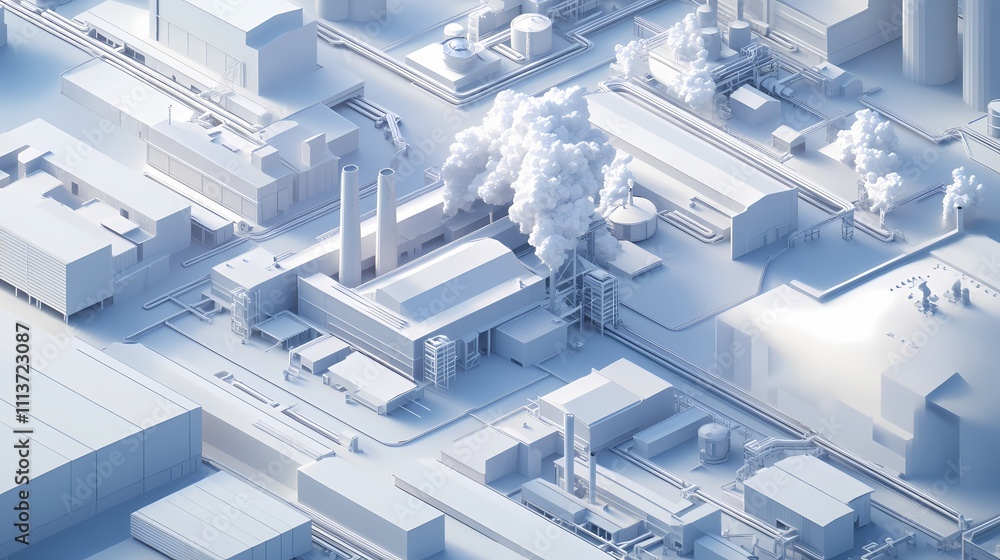 Obraz premium Monochromatic Industrial Complex: A 3D Render of a Futuristic Factory