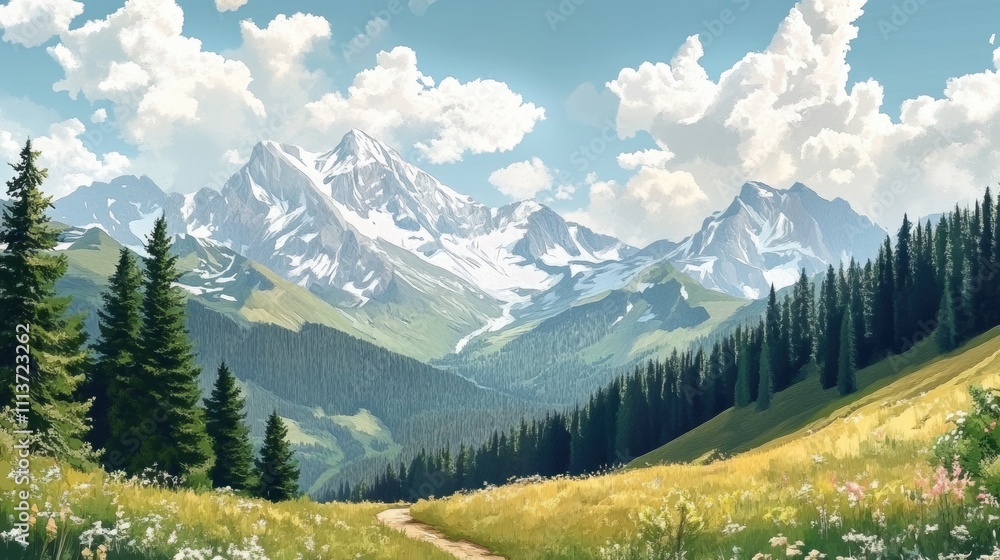 A stunning landscape featuring majestic snow-capped mountains and lush green meadows under a bright blue sky. A stunning landscape featuring majestic snow-capped mountains and lush green meadows under a bright blue sky.