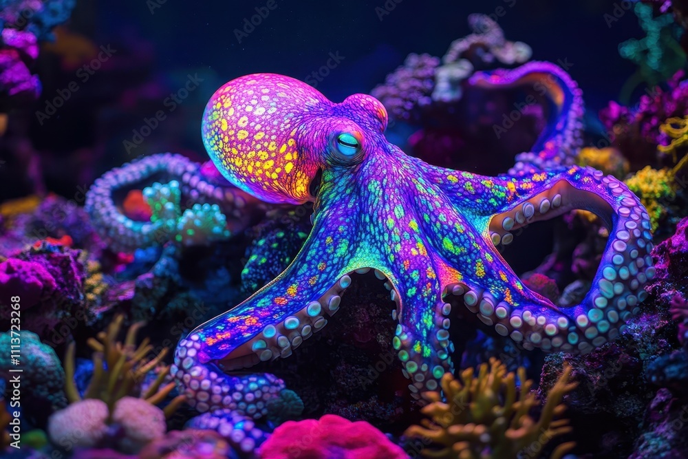 Vibrant octopus in neon coral reef. Perfect for marine life, ocean, or fantasy themes. Vibrant octopus in neon coral reef. Perfect for marine life, ocean, or fantasy themes.