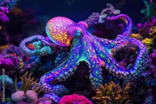 Vibrant octopus in neon coral reef. Perfect for marine life, ocean, or fantasy themes. photo