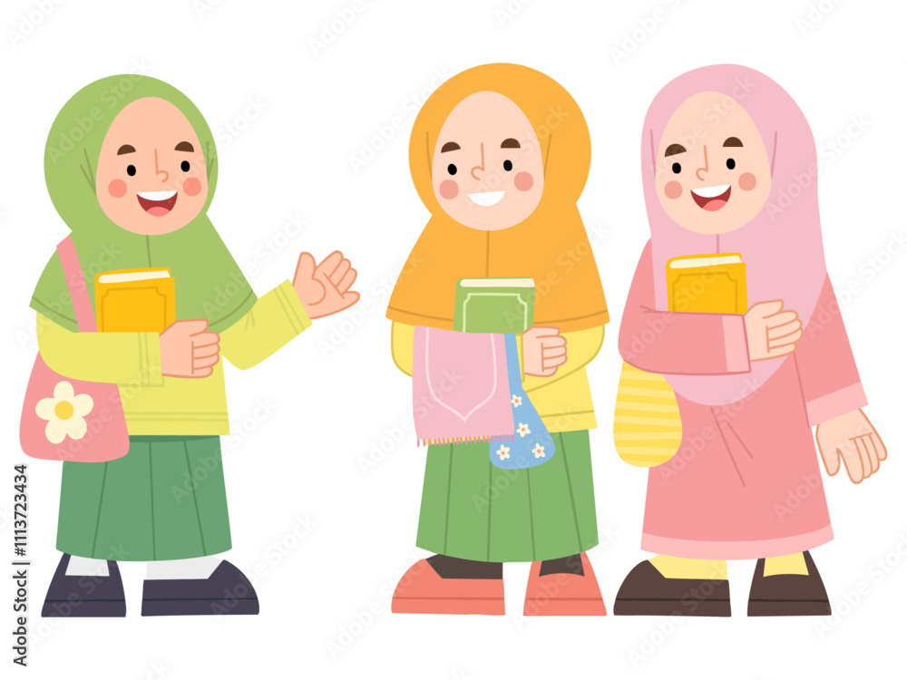 Illustration of hijab girls holding books Illustration of hijab girls holding books