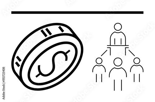 Dollar coin icon next to a business hierarchy diagram with central leader and four subordinate team members. Ideal for business structure, finance, leadership, management, organizational planning